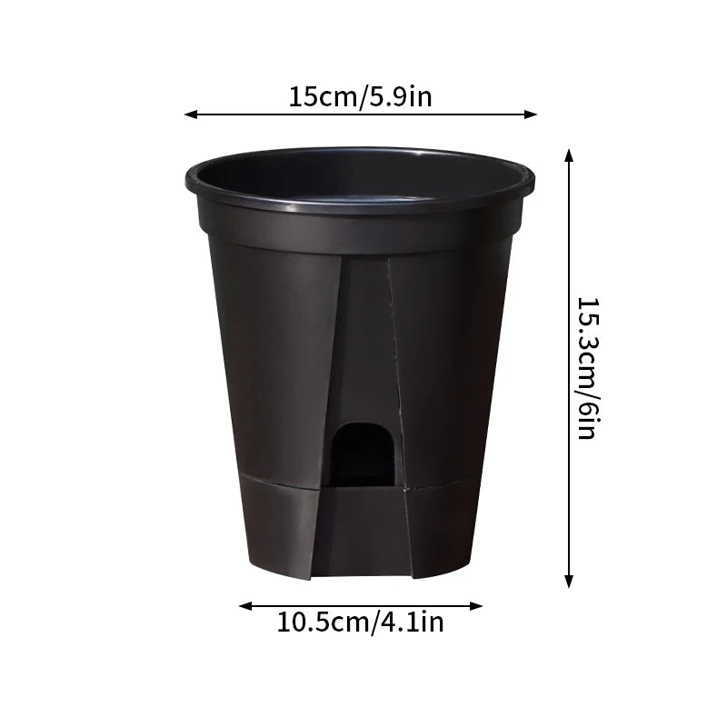 Self-watering double-layer plastic flowerpot, black with inner water reservoir and cutout.