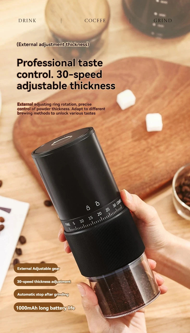 Black portable electric coffee grinder with 30-speed adjustable thickness settings and clear grounds container.