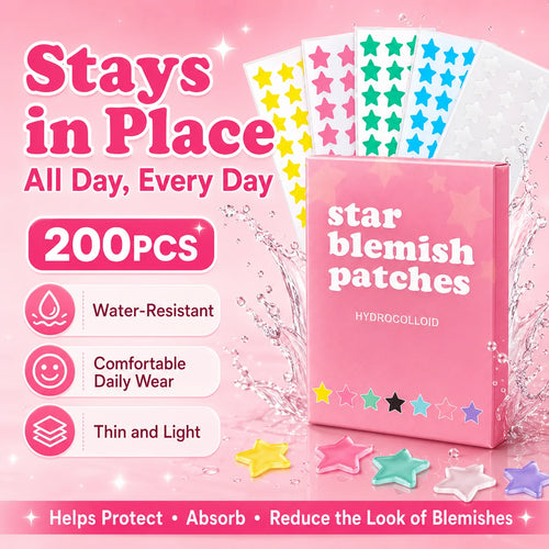 Star blemish patches set with pink box and multiple colored star stickers, 200 pieces.