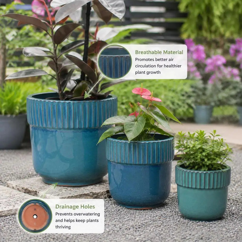Handmade Ceramic Plant Pot Set Of 3, Glossy Turquoise Blue With Vertical Ribbed Rim, Breathable Design With Drainage Holes For Indoor Outdoor Garden Balcony