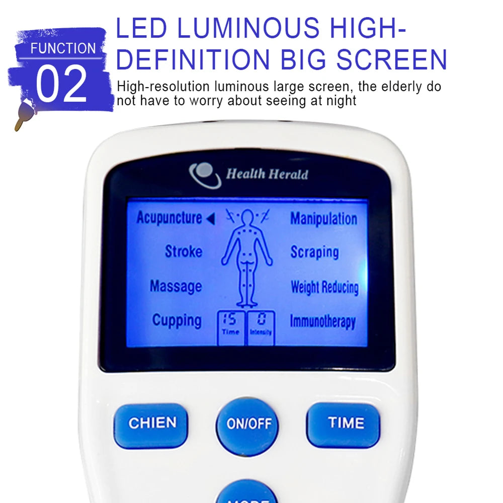 Digital TENS EMS muscle massager with blue LED luminous screen showing 8 therapy modes and body massage settings.