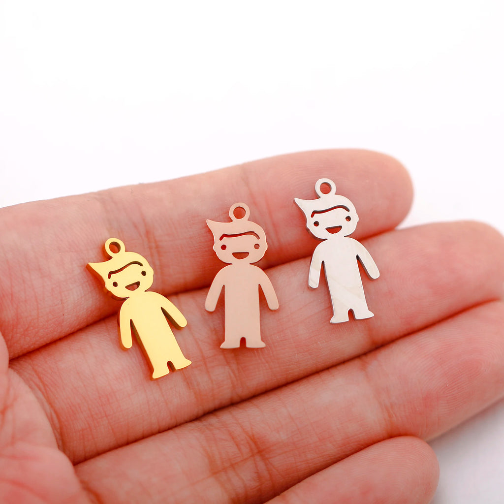 Stainless steel cartoon boy charms for DIY jewelry making, necklace, and bracelet pendants in gold, rose, and silver.