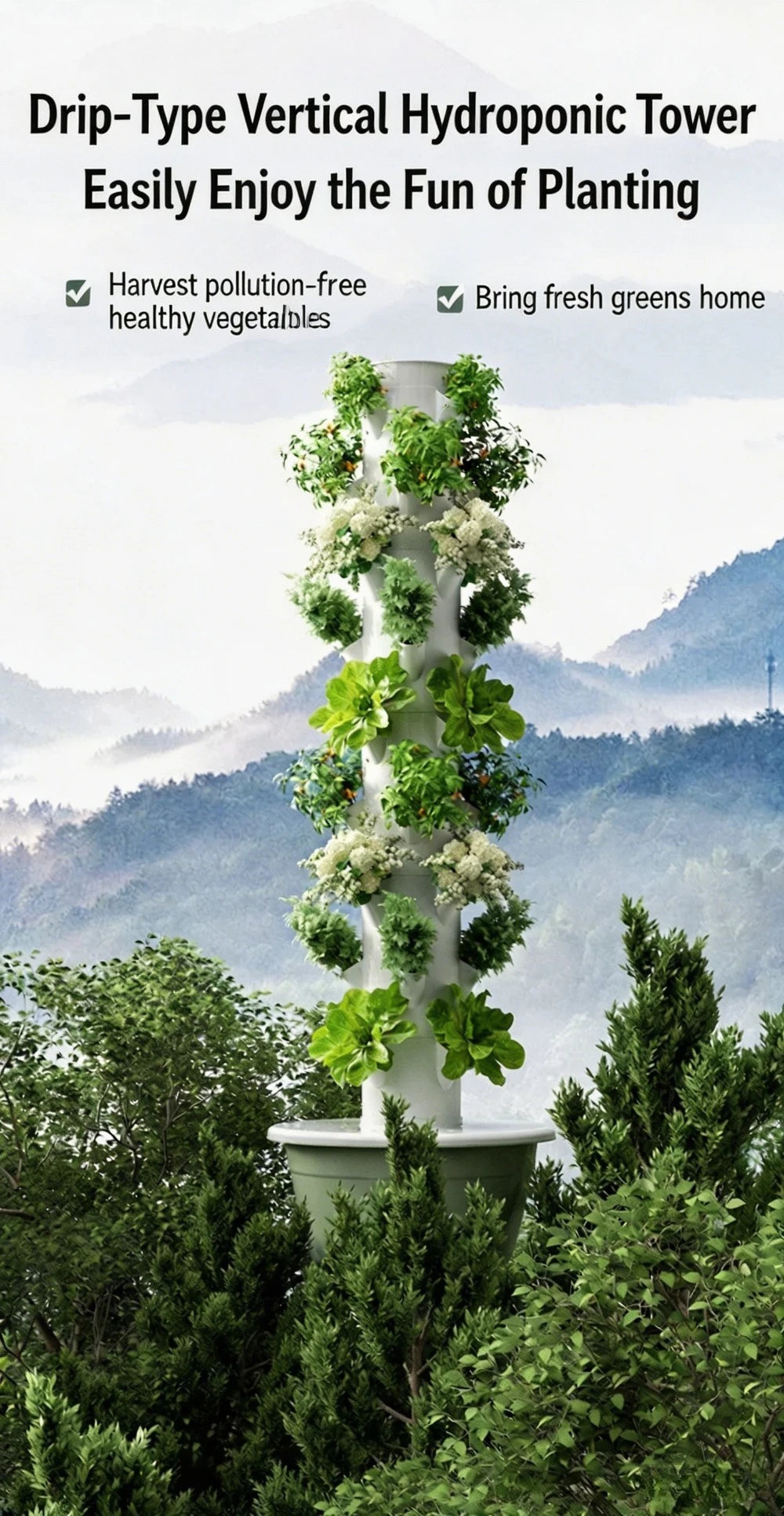 Vertical aeroponic tower garden with trailing leafy greens outdoors