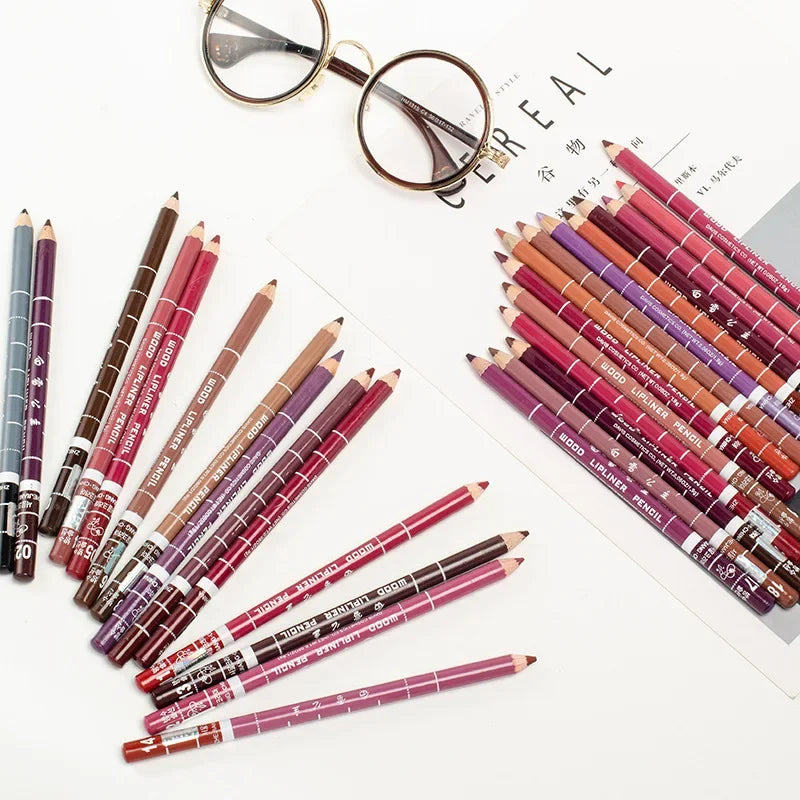 Set of colorful velvet matte lip liner pencils for precise, waterproof lip makeup and eye shadow application.