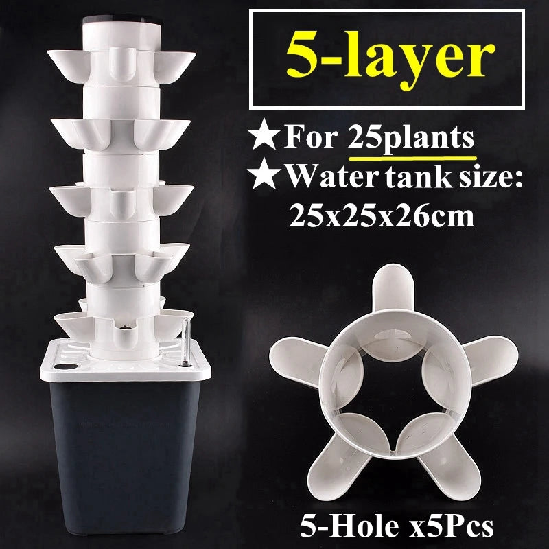 Vertical hydroponic planter tower kit with 5 layers and 5 planting holes, white