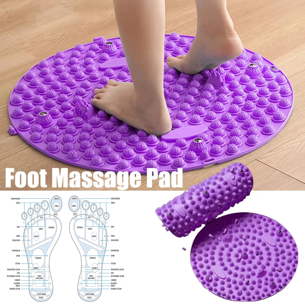 Purple circular acupressure foot massage mat with reflexology nodes for health, stress relief, and yoga training.