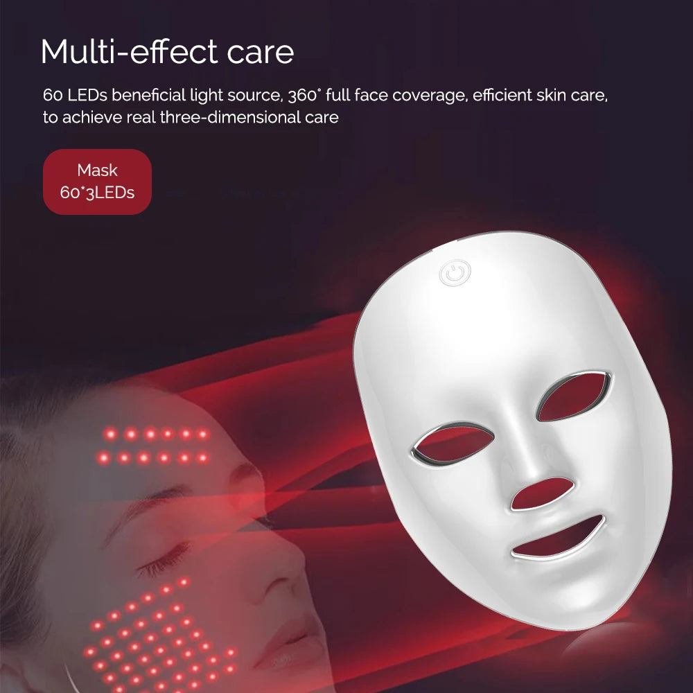 White wireless LED face mask with power button, shown next to a person's face treated with red light therapy.
