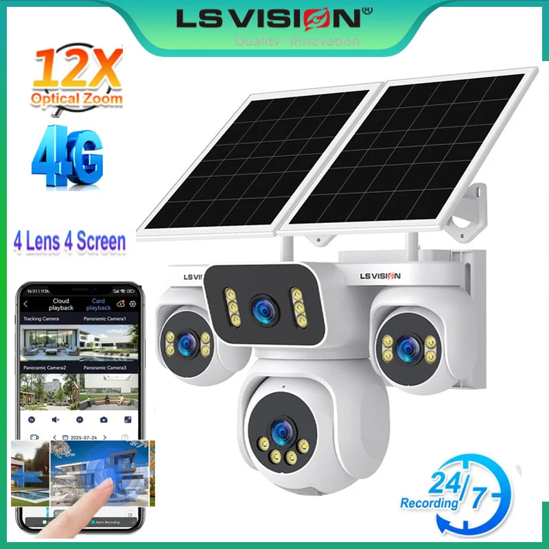 LS VISION 20MP Four Screens Solar Security Camera Outdoor 12X Zoom 4-Lens 4G Sim Ai Tracking Waterproof CCTV 24/7 Recording AOV