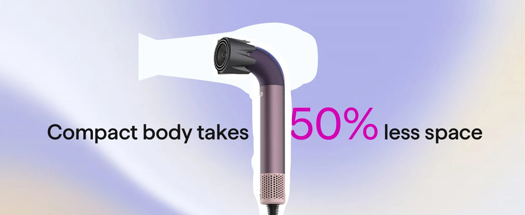 Compact 1400W purple hair dryer with nozzle attachment, featuring a space-saving, lightweight ergonomic design.
