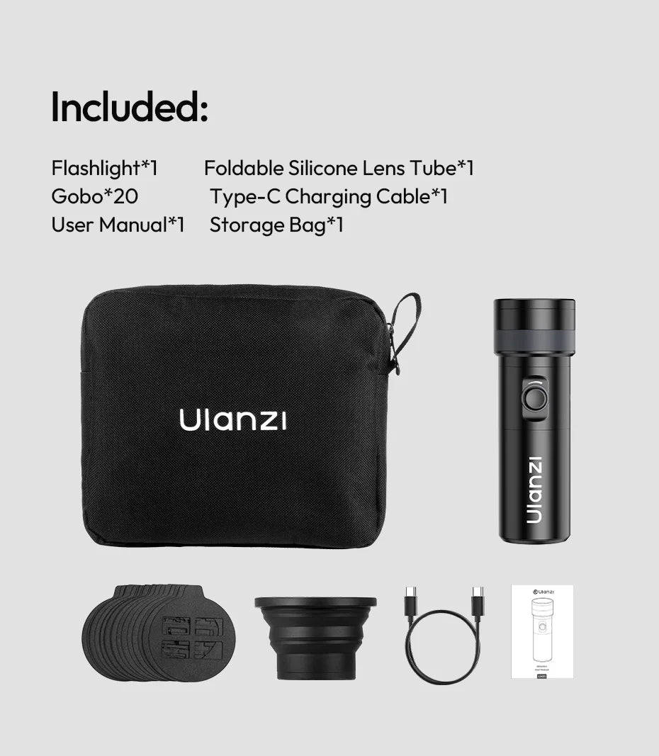 Photography flashlight kit with 20 gobos, foldable silicone lens tube, charging cable, and storage bag.