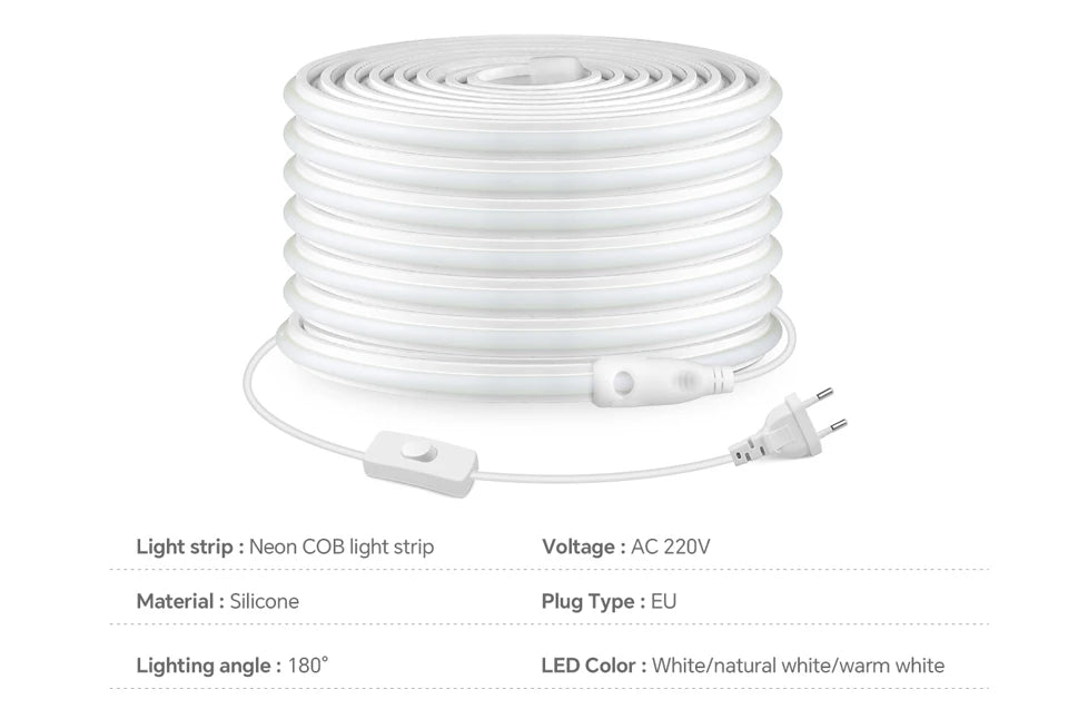 Super Bright 220V COB LED Strip with Switch FOB Tape Ribbon EU Plug 2M 5M 30M 25M 20M 15M 10M LED Lights For Kitchen Room Decor