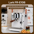 Lark FR-E106 compact white espresso machine with wood handle and dual pump system for home coffee brewing.