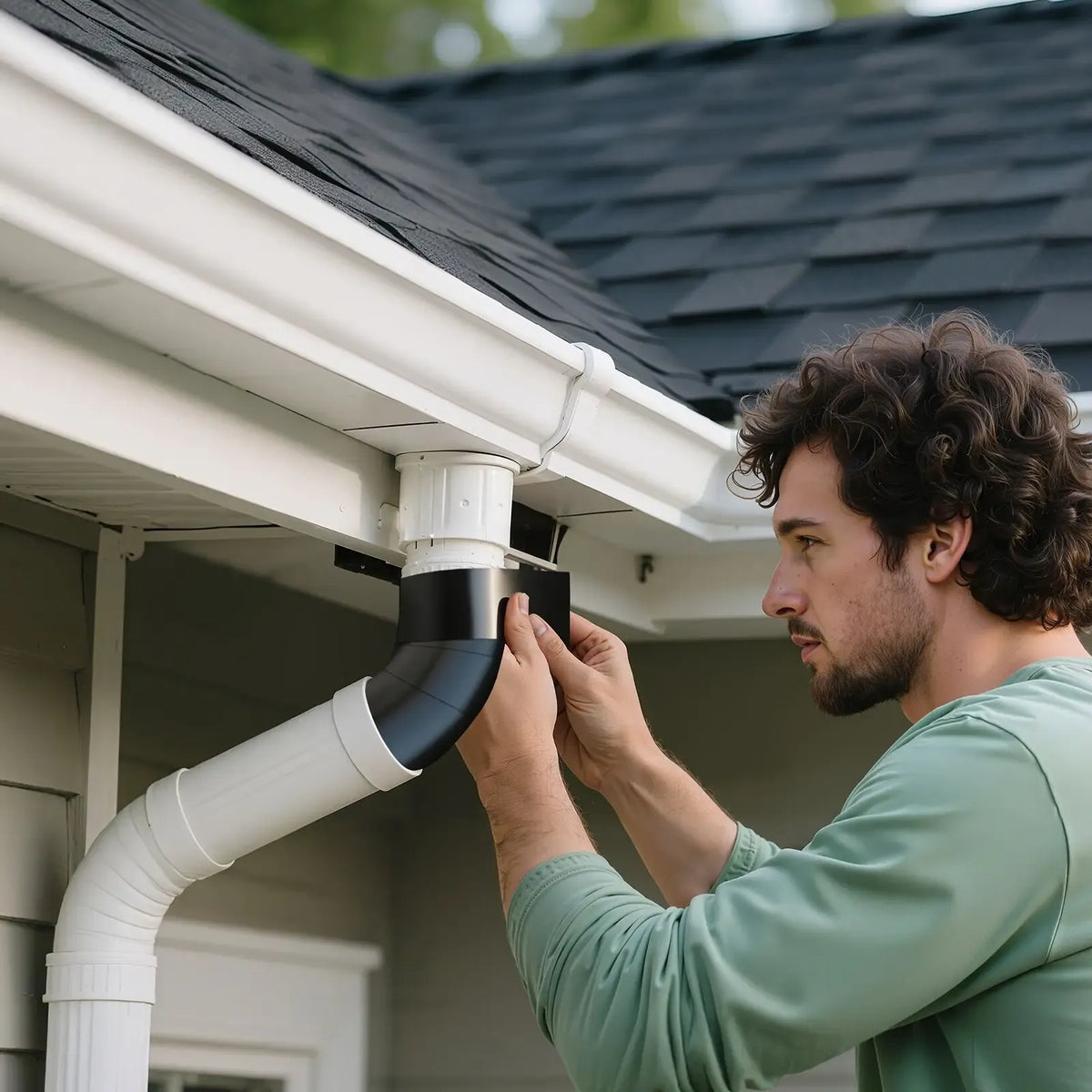 Waterproof patch seal tape applied to roof gutter joint, black adhesive strip