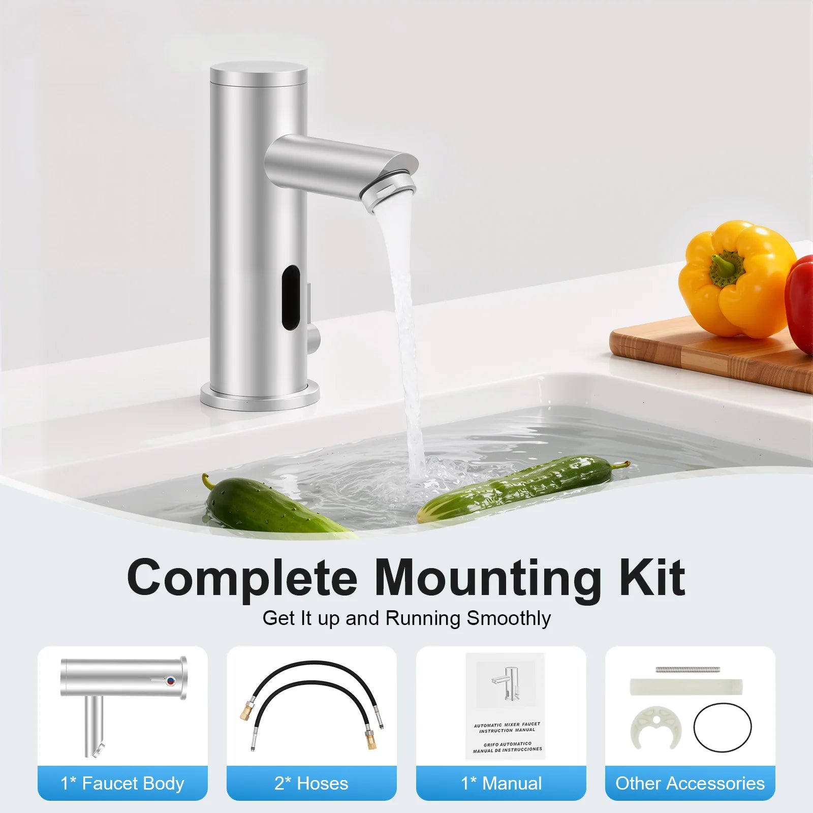 Compact Hot Cold Touchless Sensor Faucet, 304 Stainless Steel Automatic Infrared Sensor Tap, DC 6V Power Supply, Water Temperature Range 0–55°C , for Bathroom Sink, Hotel, Hospital, Office