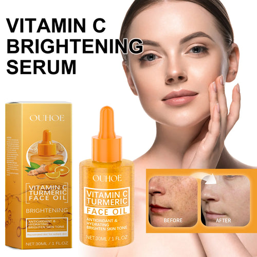 OUHOE 30ml anti-inflammatory turmeric face oil serum in yellow packaging for brightening and hydrating skin.