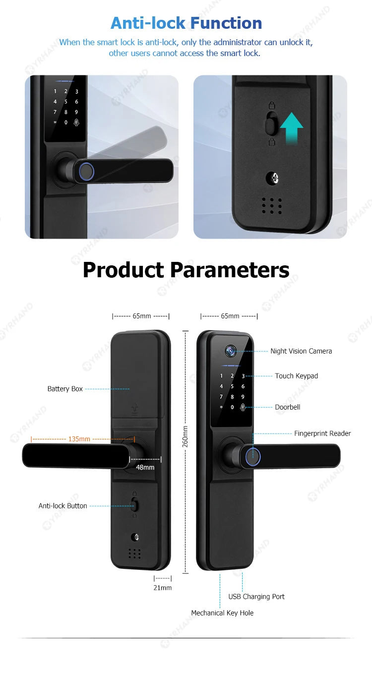 YRHAND H01 Fechadura Eletronica Tuya Wifi Digital Electronic Smart Door Lock With Biometric Camera Fingerprint IP66 Smart Lock