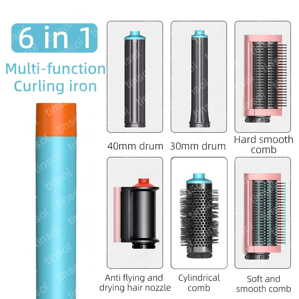 6-in-1 high-speed hair dryer set with pink/blue curling iron, 2 drums, styling combs, and anti-flyaway nozzle.