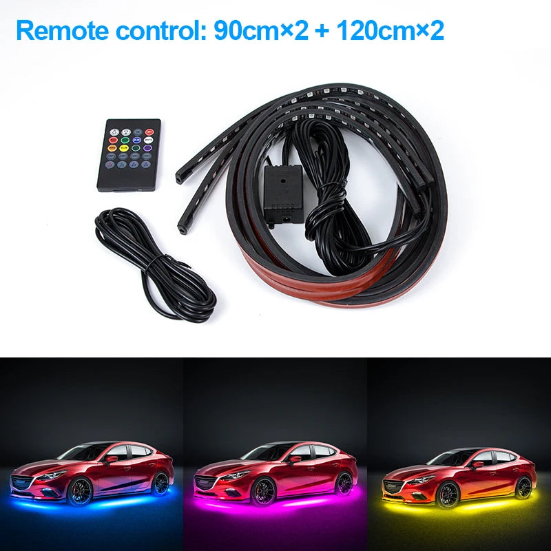 Car LED underglow light kit with remote control. Two 90cm and two 120cm black flexible strips for vehicle lighting.