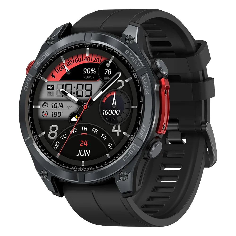 GPS smart watch with black strap, black dial with red steps and date display