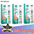 Three blue light laser pens for leg care in teal boxes, shown with magnifying glass visuals of leg veins.