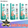 Three Slibridge vein blue light pens with white and silver bodies, each shown next to its teal product box.