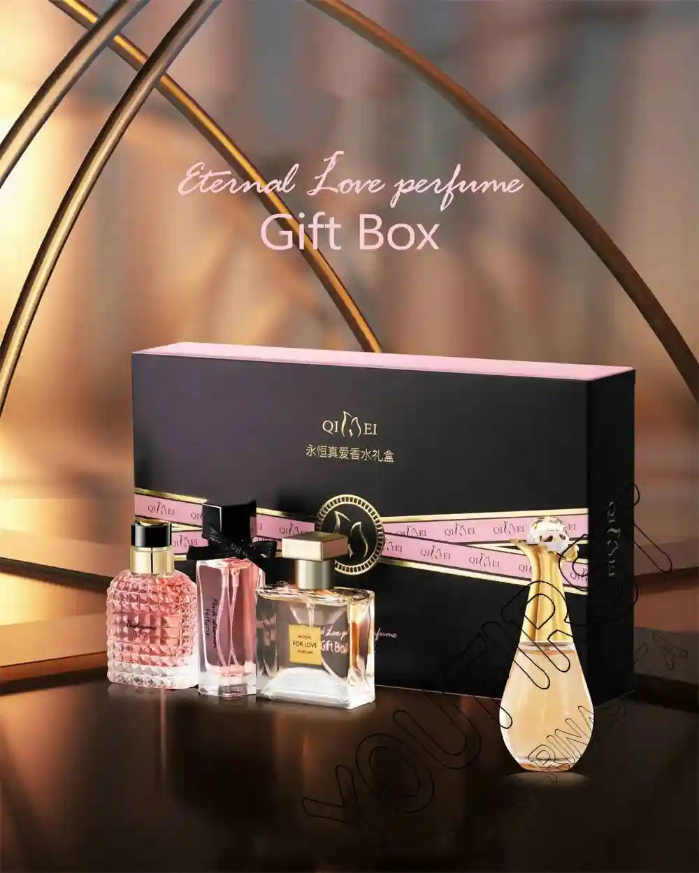 Qimei Eternal Love 4pc Women's EDP gift set. Floral fruity perfume collection with unique luxury glass bottles.