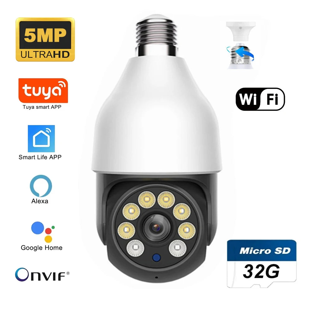 Outdoor WiFi security camera, 5MP UltraHD, with 32GB microSD card shown