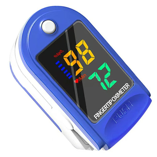 Blue plastic fingertip pulse oximeter with a digital LED screen showing SpO2 and heart rate readings.