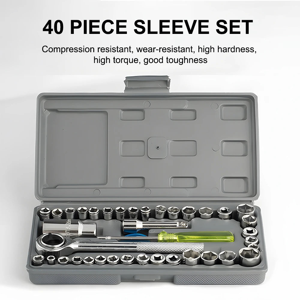 Podofo 40 Pieces Socket Wrench Tool Set 1/4 Inch 3/8 Inch Drive Ratcheting Spanner Kit Multi Purpose Mechanical Repair Hand Tools For Household Auto Maintenance