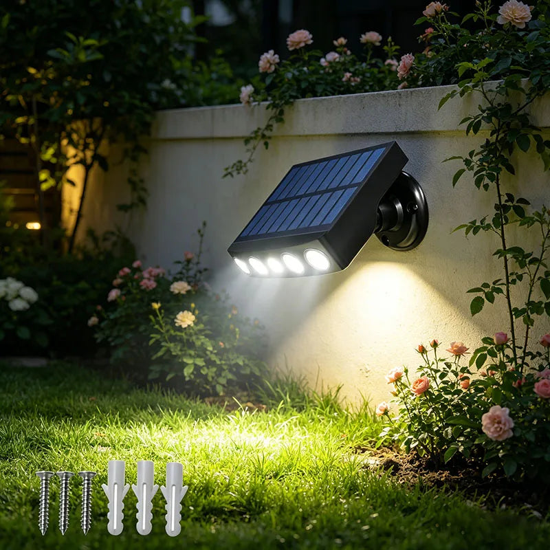 3000W Solar Powered Outdoor Wall Light Motion Sensor Security Lights 4 LED Bulbs 3 Modes Night Work Lamp for Patio Garden Porch Fence Corridor Balcony