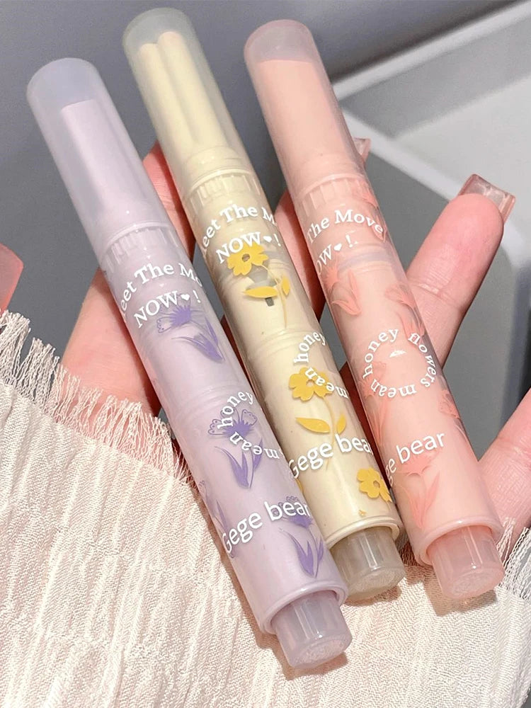 Gege Bear Floral Whisper glossy jelly lipsticks in pastel purple, yellow, and pink tubes with floral designs.