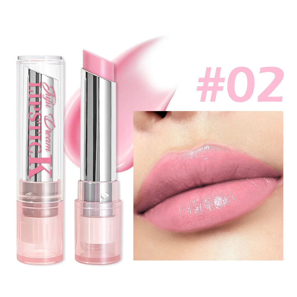 Pink color-changing magic lip balm in clear tube with shiny hydrating glossy finish for a natural daily makeup look.