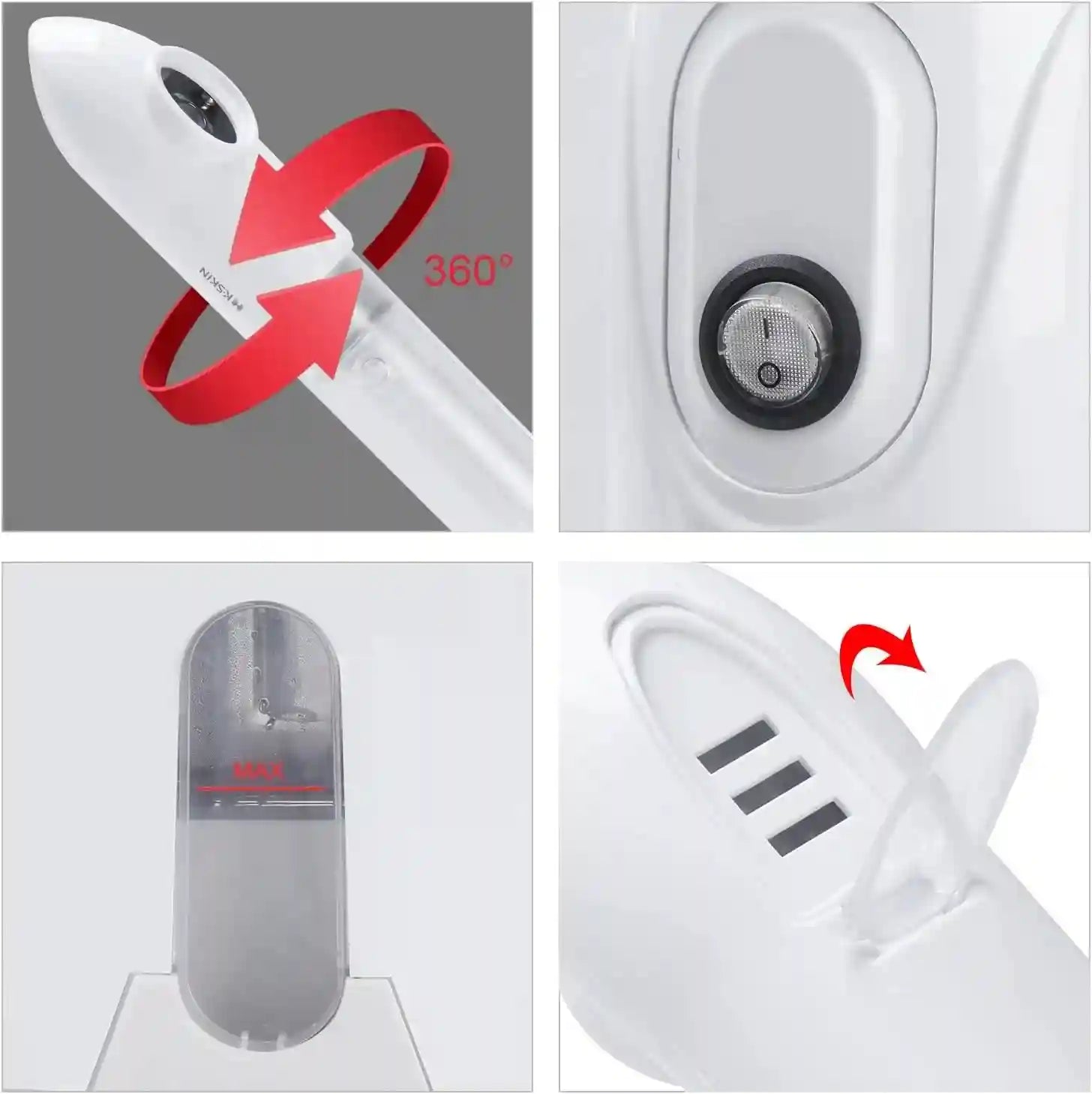 White facial steamer with 360-degree adjustable nozzle, power switch, water tank, and aromatherapy lid for home spa.