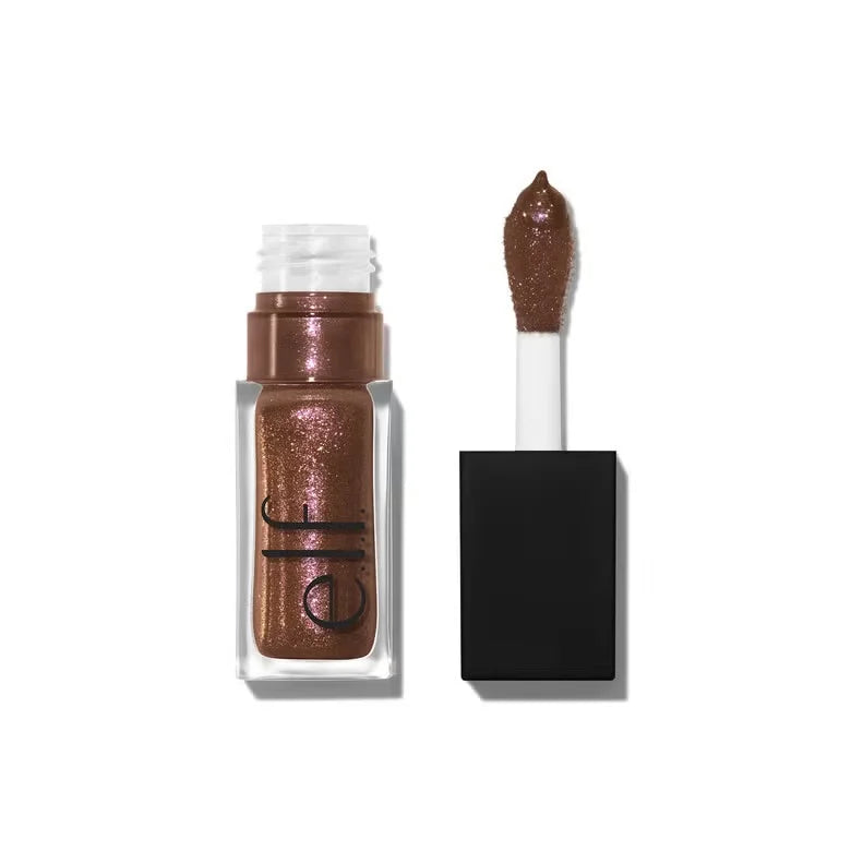 e.l.f. Glow Reviver Lip Oil in a shimmering brown shade with a doe-foot applicator for a glossy, moisturizing finish.