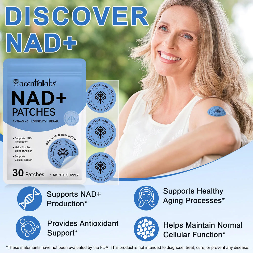Blue NAD+ weight management patches showing a 30-count pack, individual adhesive stickers, and application on an arm.
