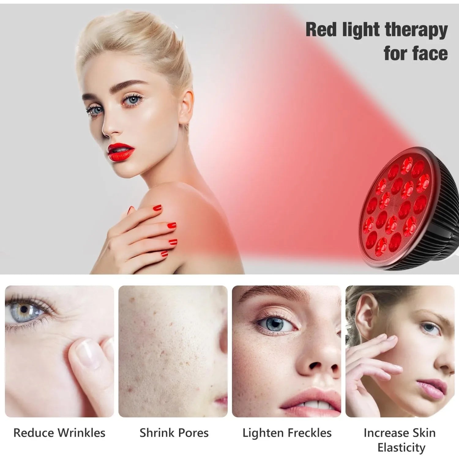 Red light therapy lamp for face, 660nm & 850nm infrared device for skin health, anti-aging, and pain relief.