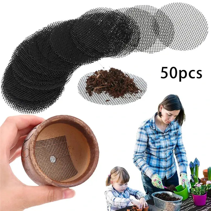 Pack of round black mesh pot bottom drainage screens for planters and pots