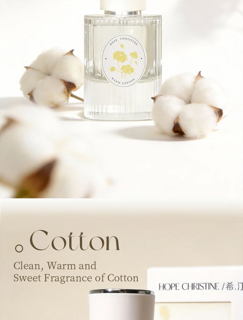 Hope Christine Warm Cotton unisex perfume in a ribbed glass bottle with clean, fresh, floral scent notes.