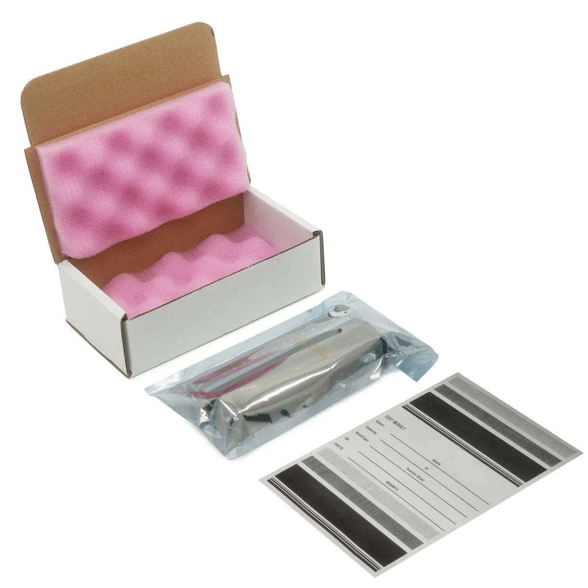 Thermal printhead with pink foam insert, protective wrap, and label test sheets