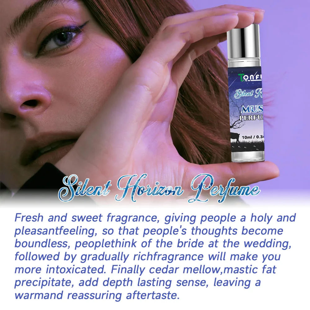 Tonfi Silent Horizon musk pheromone perfume for women in a 10ml roll-on bottle, cedar and fresh lasting scent.
