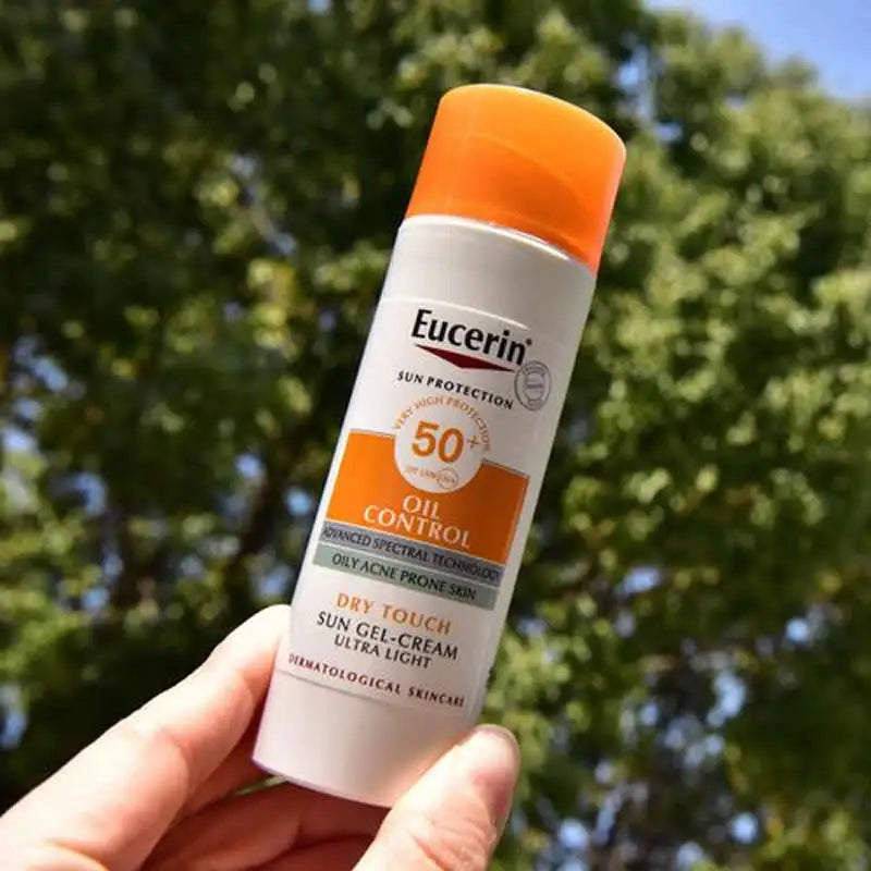 Tidesmit Eucerin Oil Control SPF50 face sunscreen texture close-up for matte finish on oily acne prone skin