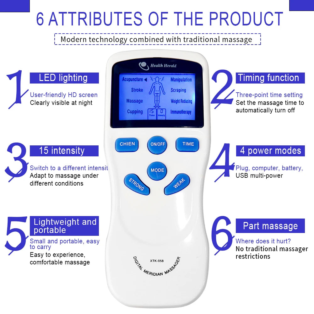 White digital TENS EMS pulse massager with LED screen, 8 modes, 15 intensity levels, and portable therapy features.