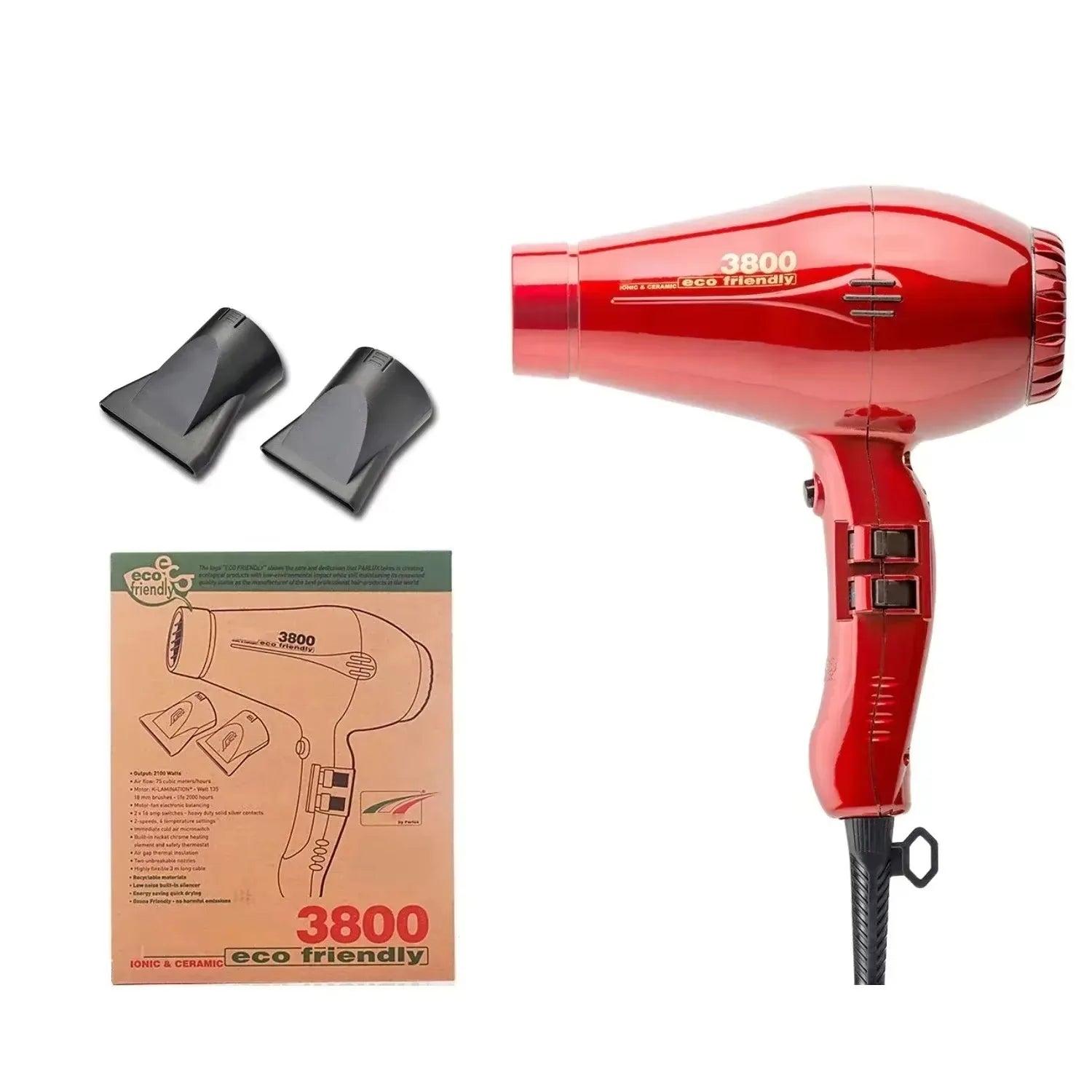 Red 2100W ionic ceramic hair dryer with two nozzle attachments, three speed settings, and eco-friendly design.