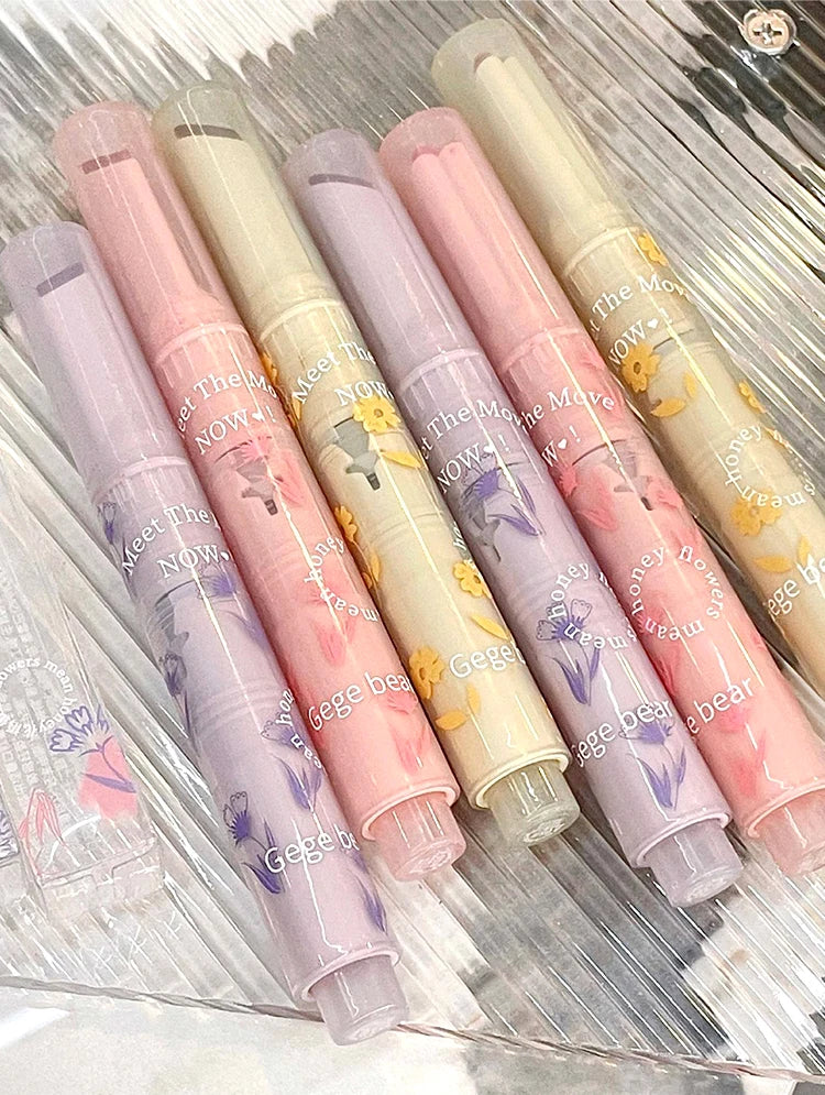 Gege Bear Floral Whisper lipstick set in pastel cases with glossy, jelly-finish moisturizing lip makeup.