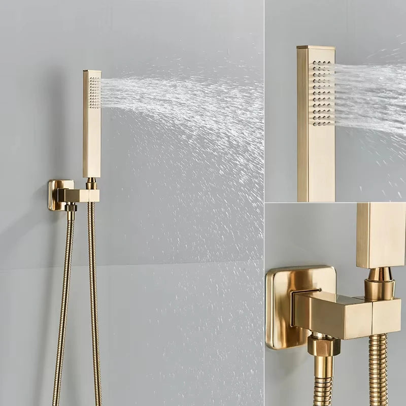 Brushed Gold Shower System, Wall Mounted Rainfall Shower Faucet Set with Handheld Sprayer, Single Lever Concealed Bathroom Mixer Valve Luxury Modern Brass Shower Combo
