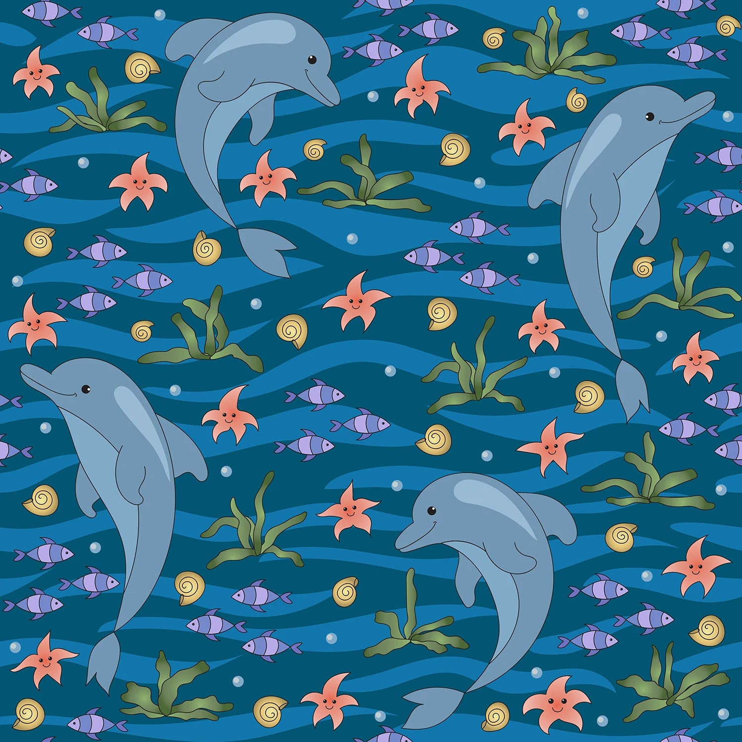 Baby diaper print featuring blue dolphins, starfish, and fish on a deep blue ocean background for baby care.