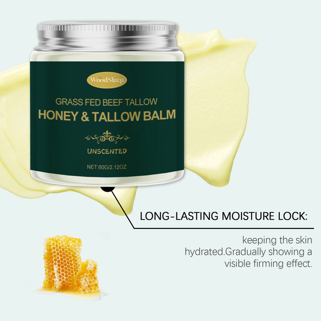 Woodsleep Organic Grass Fed Beef Tallow Balm Unscented Facial Rejuvenation Cream Deep Hydration Lifting Face Care Honey Extract