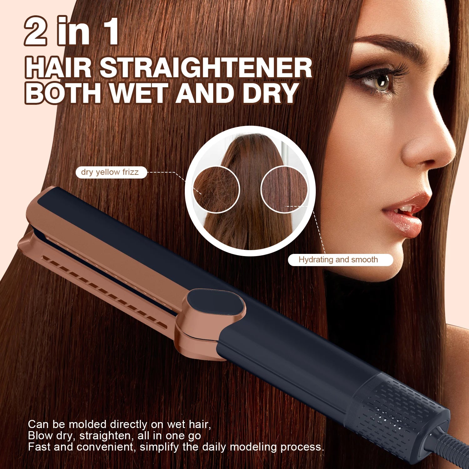 2in1 hair straightener and dryer in rose gold and black for wet or dry hair styling, creating smooth, frizz-free hair.