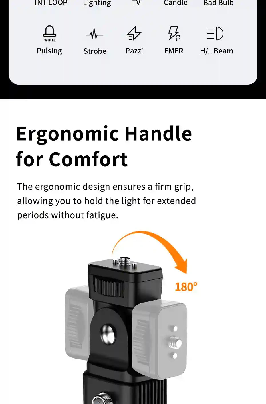 Black ergonomic light handle with a 180-degree rotating top mount for adjustable positioning.