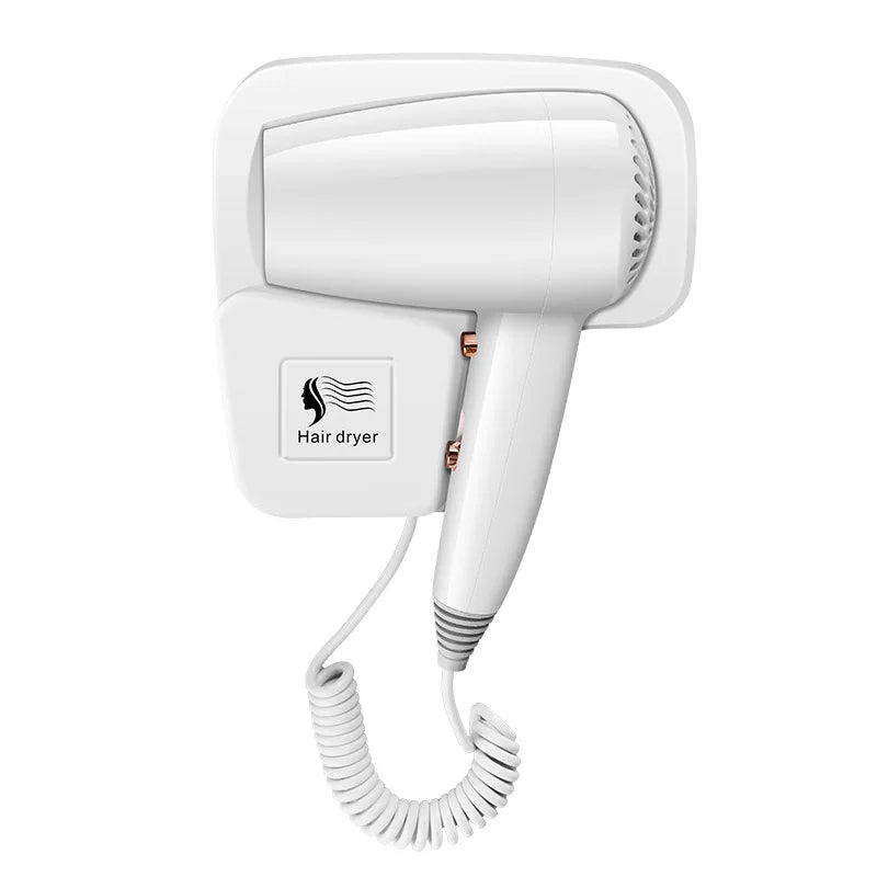 White wall-mounted hair dryer with 1300W fast-drying power, coiled cord, and negative ion technology for bathroom use.
